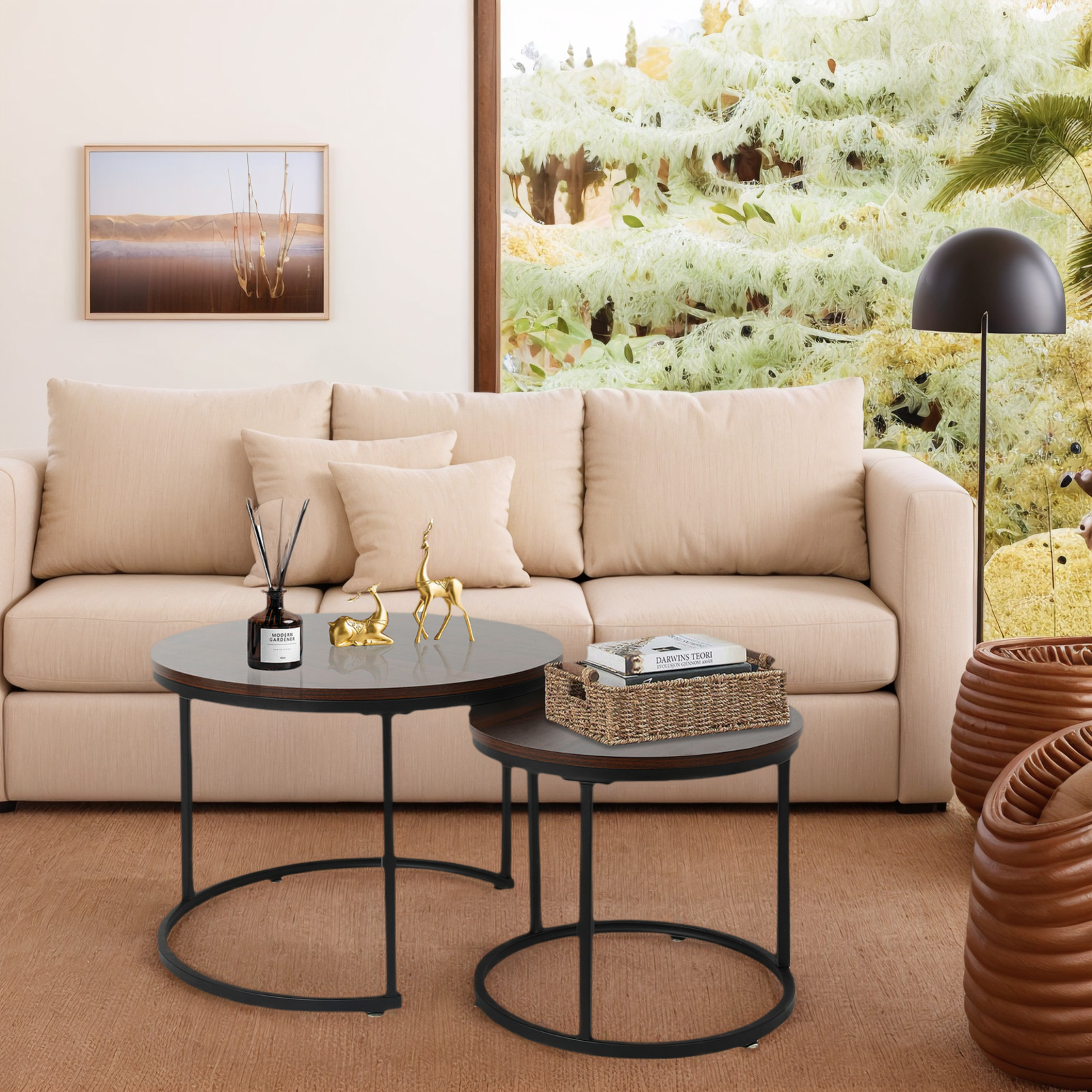 Nesting Coffee Table Set Round Side End Tables w/ Metal Legs Living Room Modern