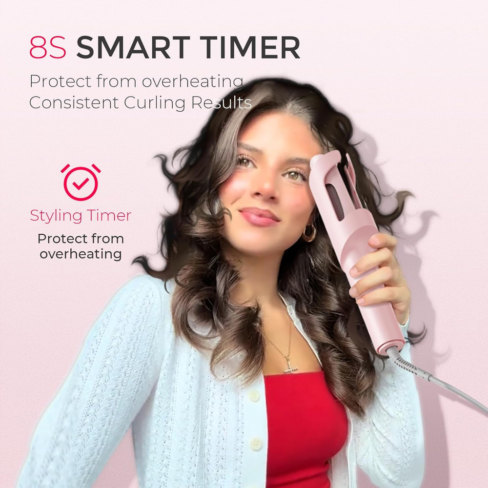 TYMO CurlPro Automatic Rotating Curling Iron 1.25 Inch Ionic Dual Voltage Pink