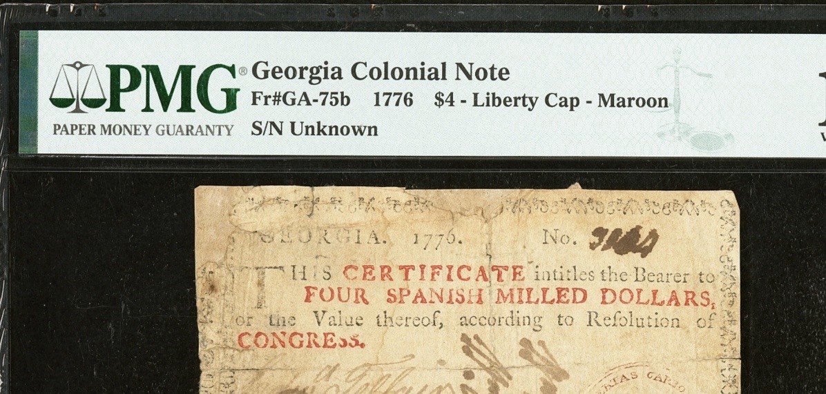 1776 GEORGIA American Revolution $4 Rare Colonial Currency Bank Note GA-75b, PMG
