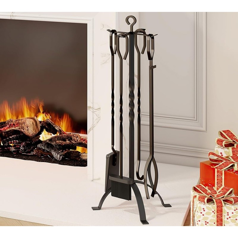 Ergonomic Fireplace Tools Set Cast Iron Fire Pit Accessories Durable 5 Piece New