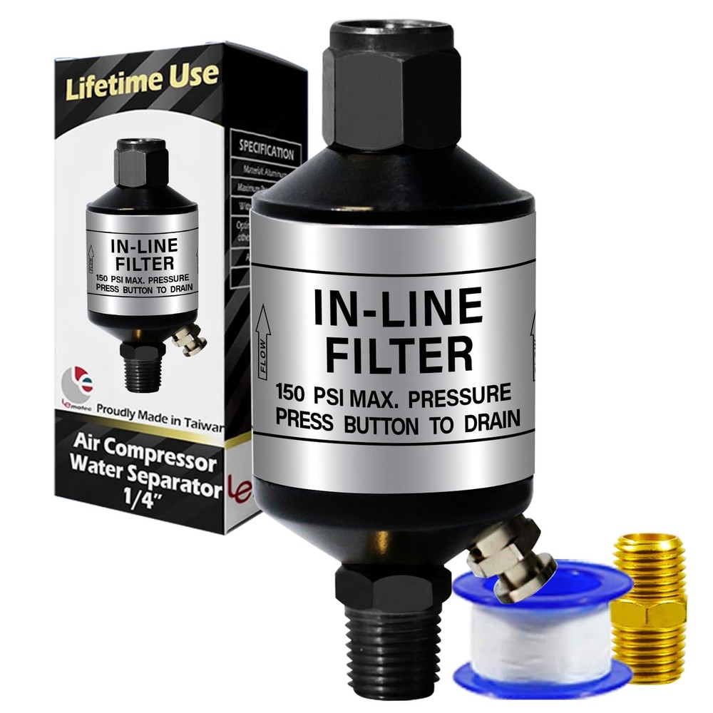 LE LEMATEC Air Compressor Water Separator & Air Dryer with Push-Button Drain Val