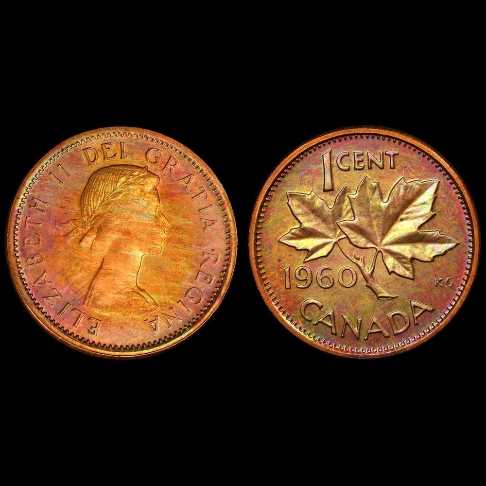 PL64BN 1960 1C Canada Maple Leaf Proof Cent, PCGS Trueview- Rainbow Toned