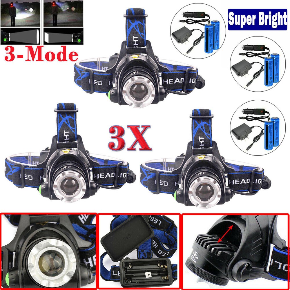 3Pack Rechargeable Headlight Zoomable Head Torch Lamp Flashlight LED Headlamp
