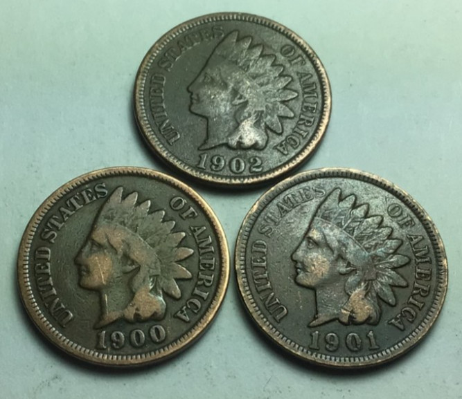 1900 - 1901 -  1902 1c Indian Head Cent Penny Set Lot , All 3 Coins , Circulated
