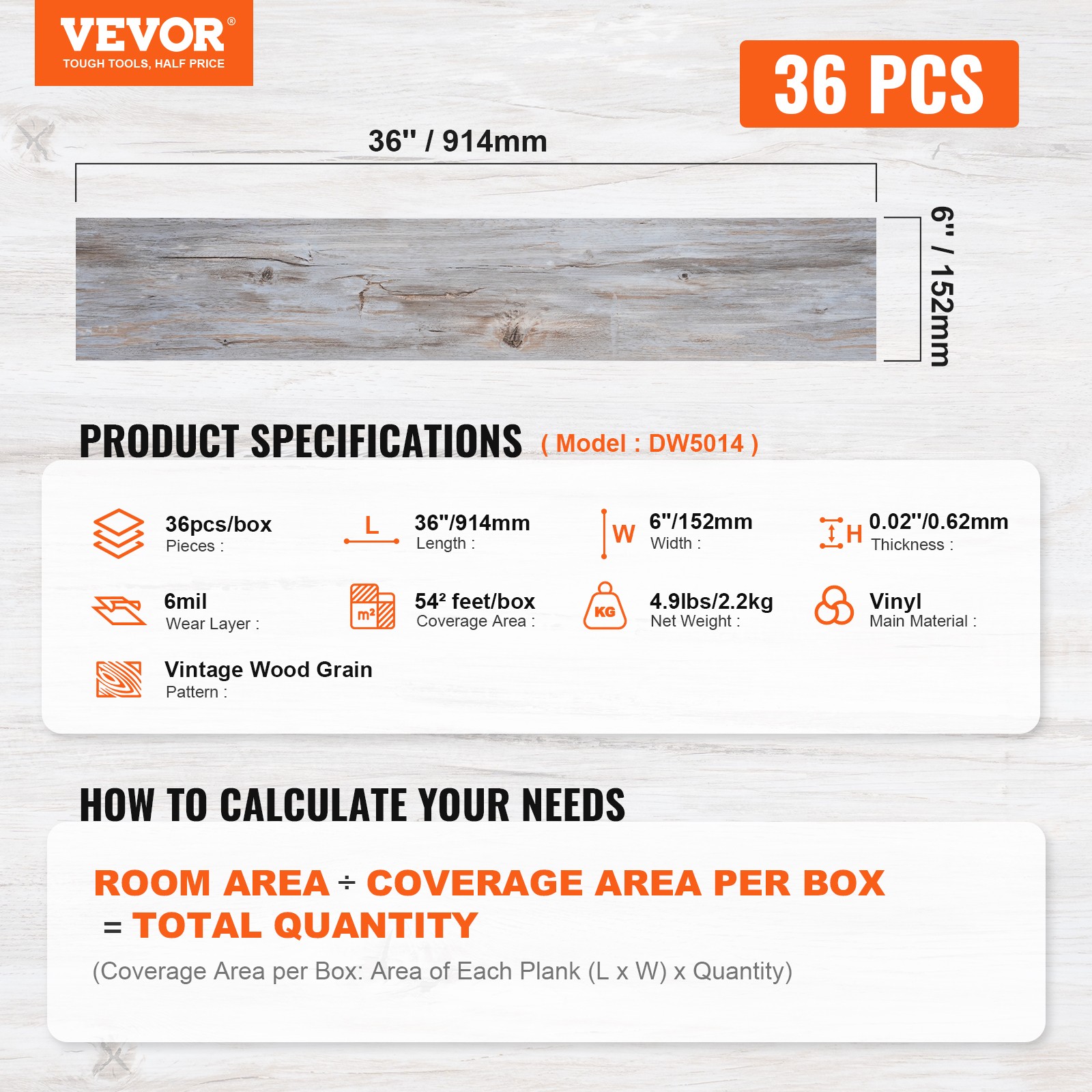 VEVOR 36 PCS 54sq.ft Self-Adhesive PVC Vinyl Floor Plank Wood Tiles Peel Stick