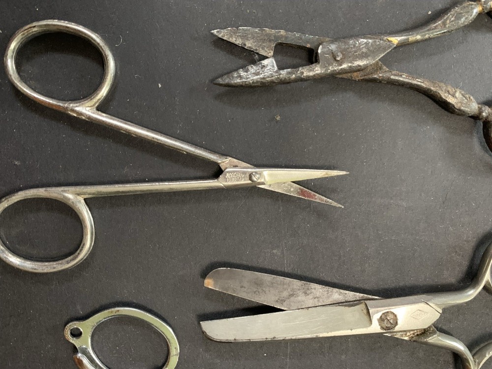 Antique Pair Sewing Scissors Lot Pinking Shears Button Hole Primitive Folding