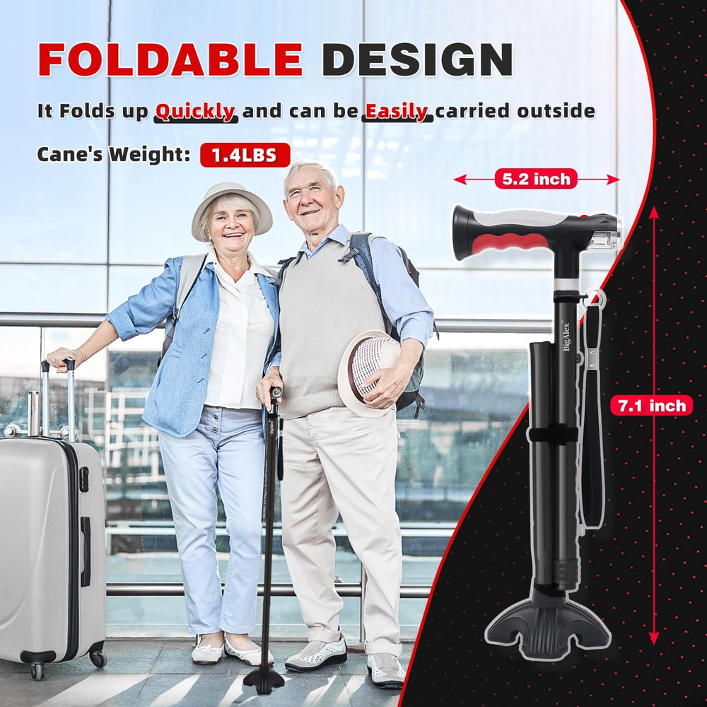 Bigalex Folding Walking Cane with Two Led Lights for Elderly Solid Base Adjustab