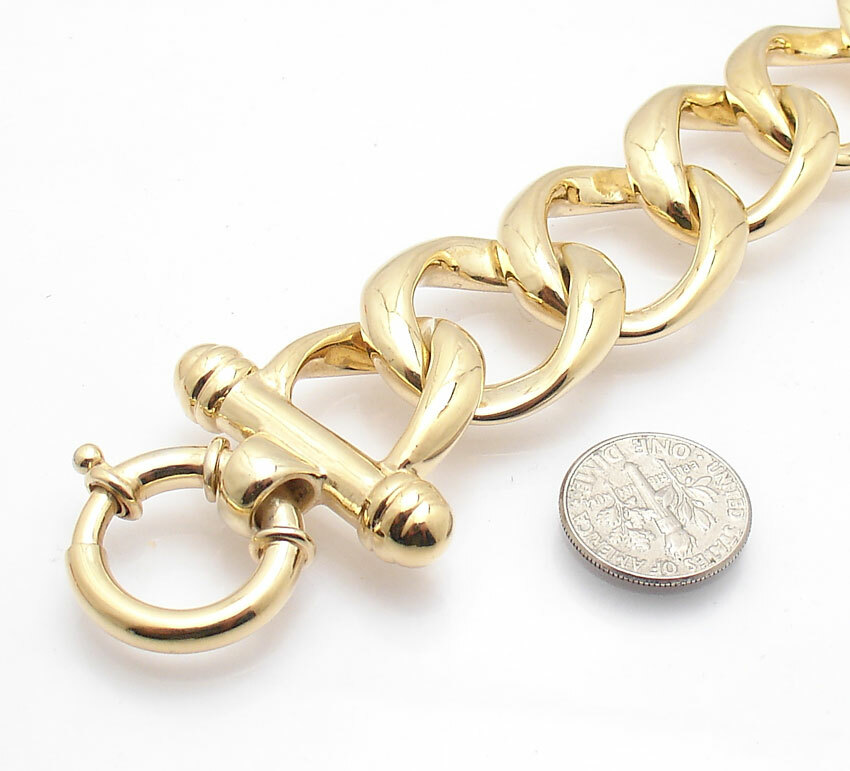 8" Bellezza Bold Open Curb Wavy Link Bracelet Toggle Clasp Solid Yellow Bronze
