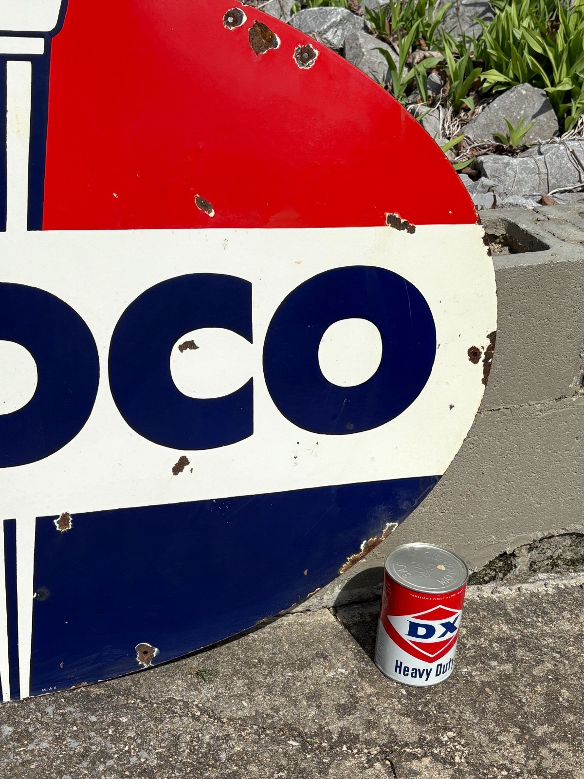 ORIGINAL 1950's "AMOCO GASOLINE" LARGE DOUBLE SIDED PORCELAIN DEALER SIGN, NICE