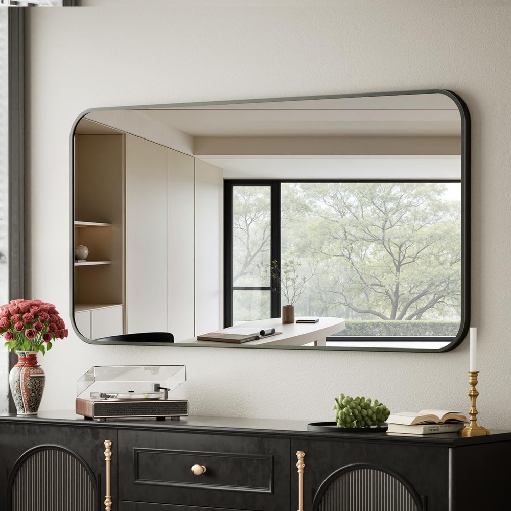 26" x 38" Rectangular Aluminum Alloy Frame Wall Mounted Bathroom Mirror with ...