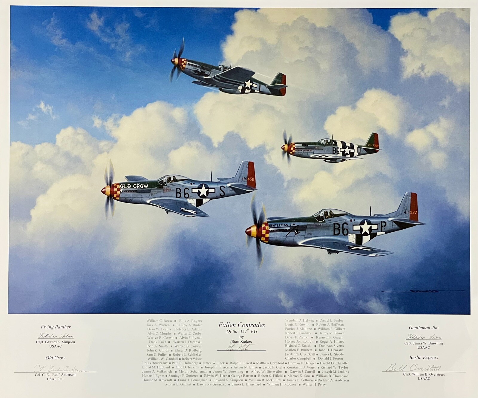 WWII 357TH FG SIGNED FALLEN COMRADES 18X22 STAN STOKES PRINT X2 AUTOS