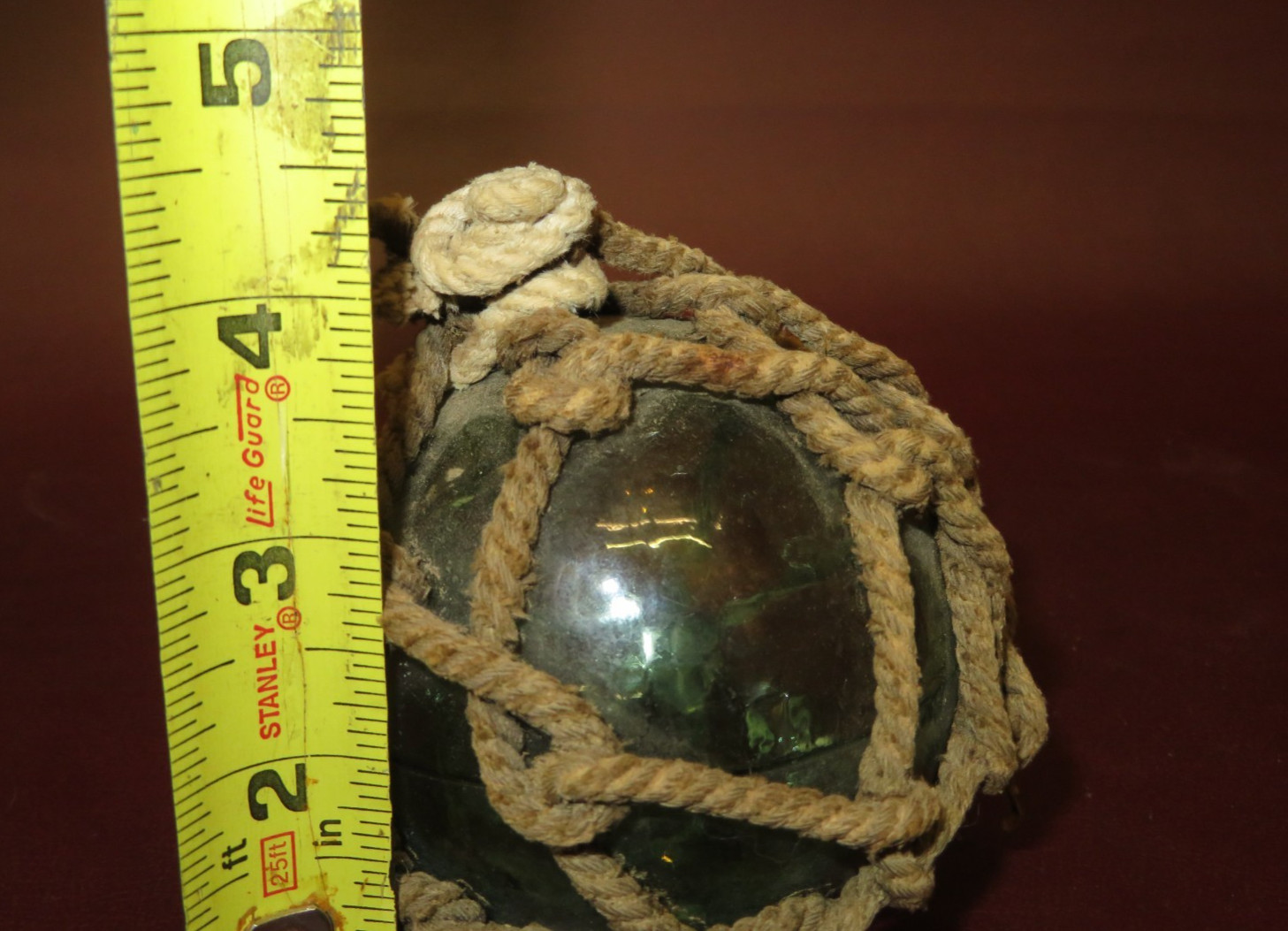 Antique 3" Japanese Rope-Wrapped Blue Hand-Blown Glass II Mark Fishing Net Float