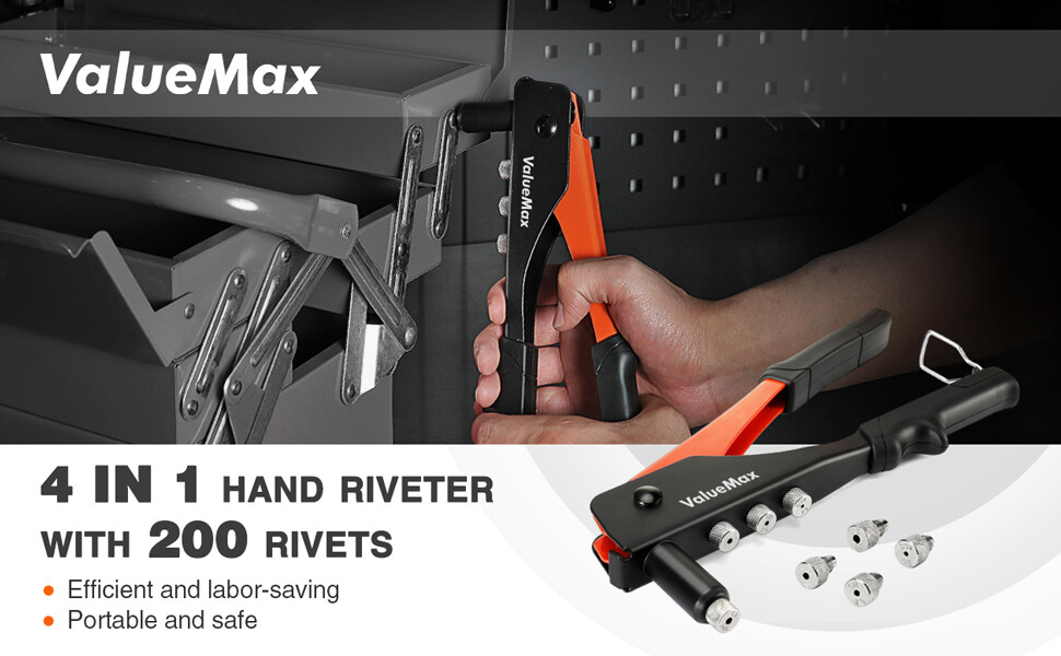 ValueMax 4-in-1 Hand Riveter/Rivet Gun Pop Rivet Tool Kit with 200 Rivets Steel