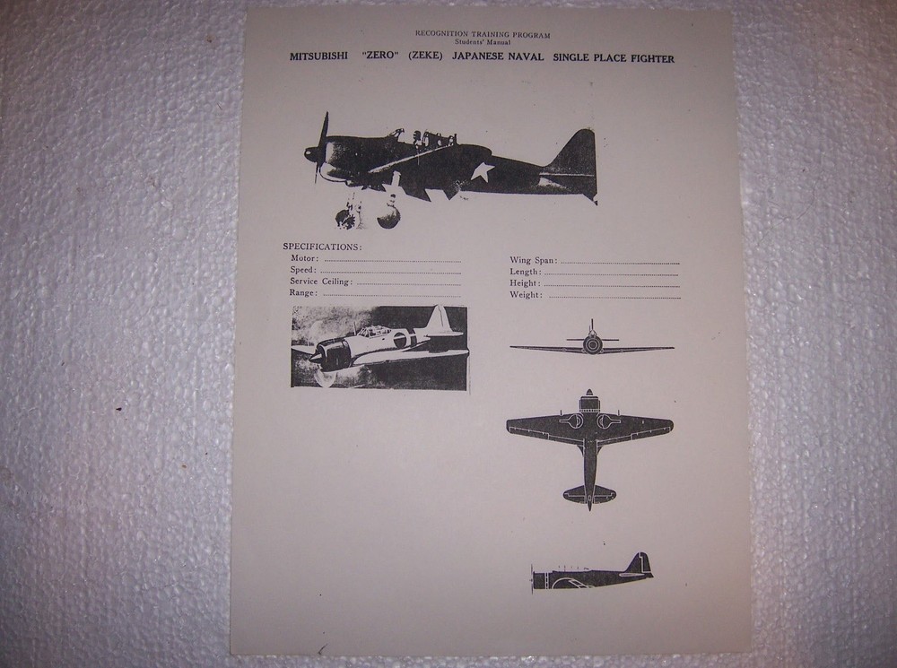 ARMY AIR CORP PLANE RECOGNITION TRAINING PROGRAM- ZERO (ZEKE)- COPY CAB-B4