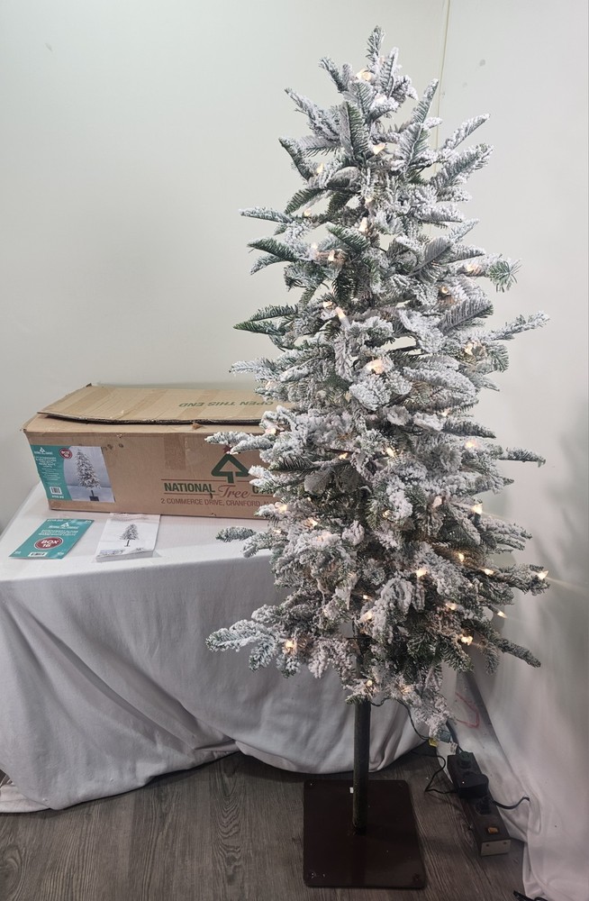 5 ft. Pre-Lit Snowy Downswept Alpine Flocked Tree w/ Warm White Lights EUC