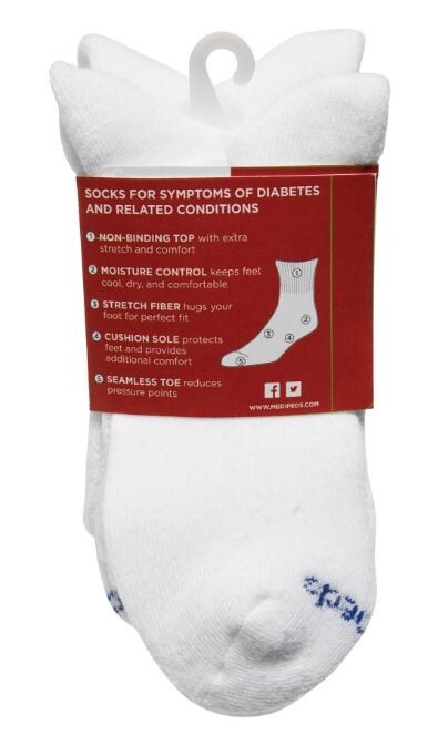 MediPeds Adult Men's NanoGLIDE® White Quarter Cushion Socks, Large, 4 pairs