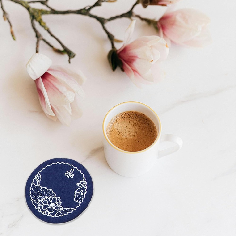 4 Set Sashiko Coasters DIY Kit with Pattern, Embroidery Medium, Navy blue