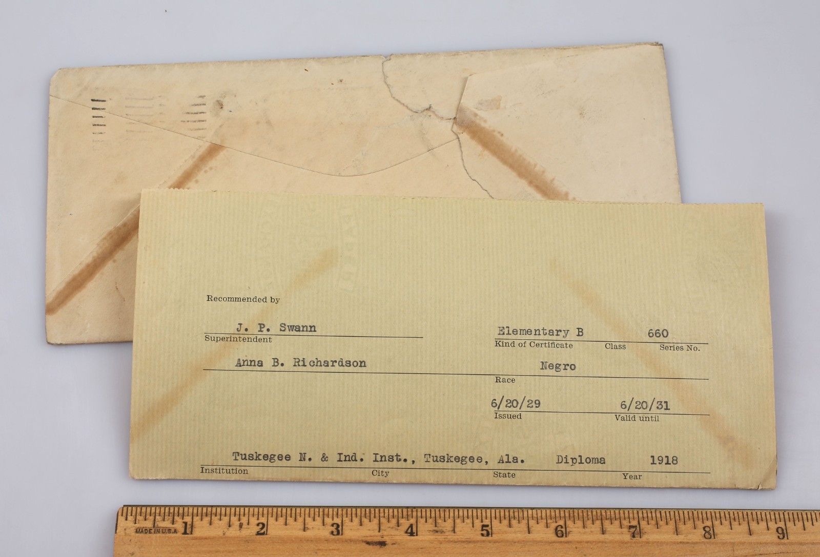 1929 Georgia Department of Education African American Teacher License Tuskegee