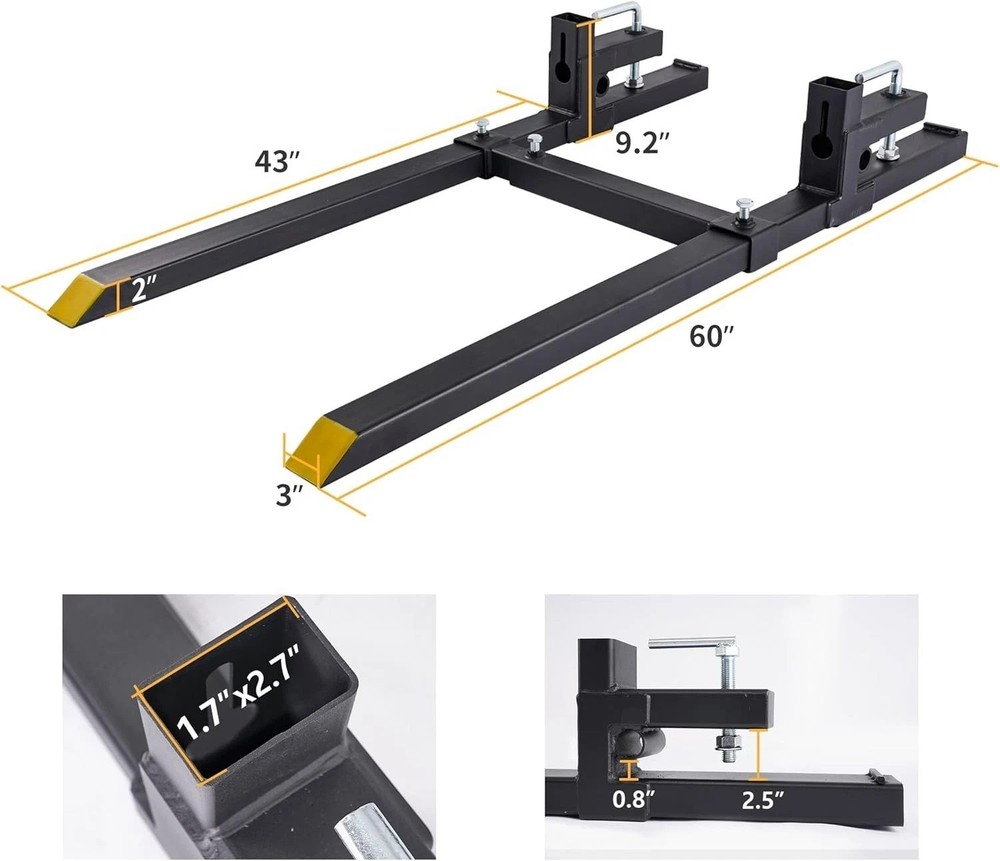 2000 lbs Capacity Clamp-On Tractor Forks with Adjustable Stabilizer Bar