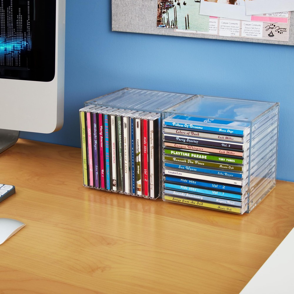 Stackable Clear Plastic CD Organizers (2 Pack) Cube Jewel Case Holders