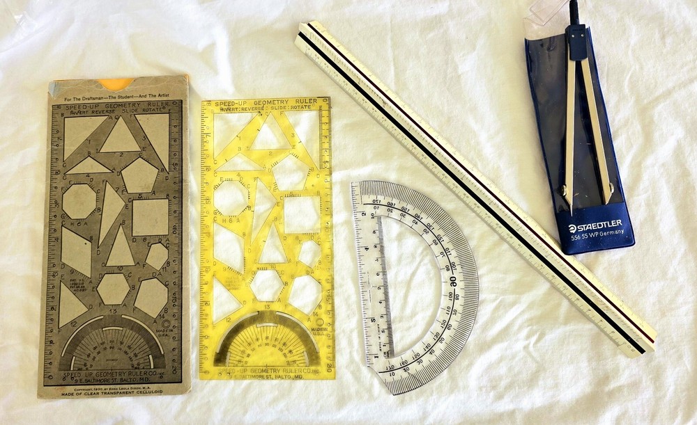 Speed-Up Geometry Ruler,  Booklet, Engineering Compass,  Protractor-  Math  Vtg