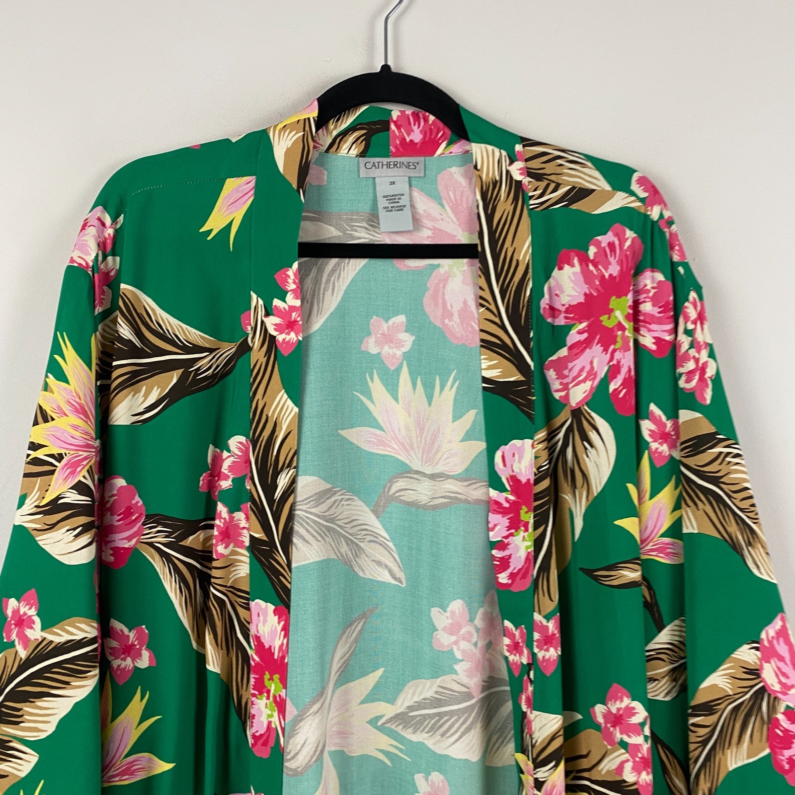 Catherines Long Kimono Cardigan Size 3X Open Front Green Floral 3/4 Sleeves
