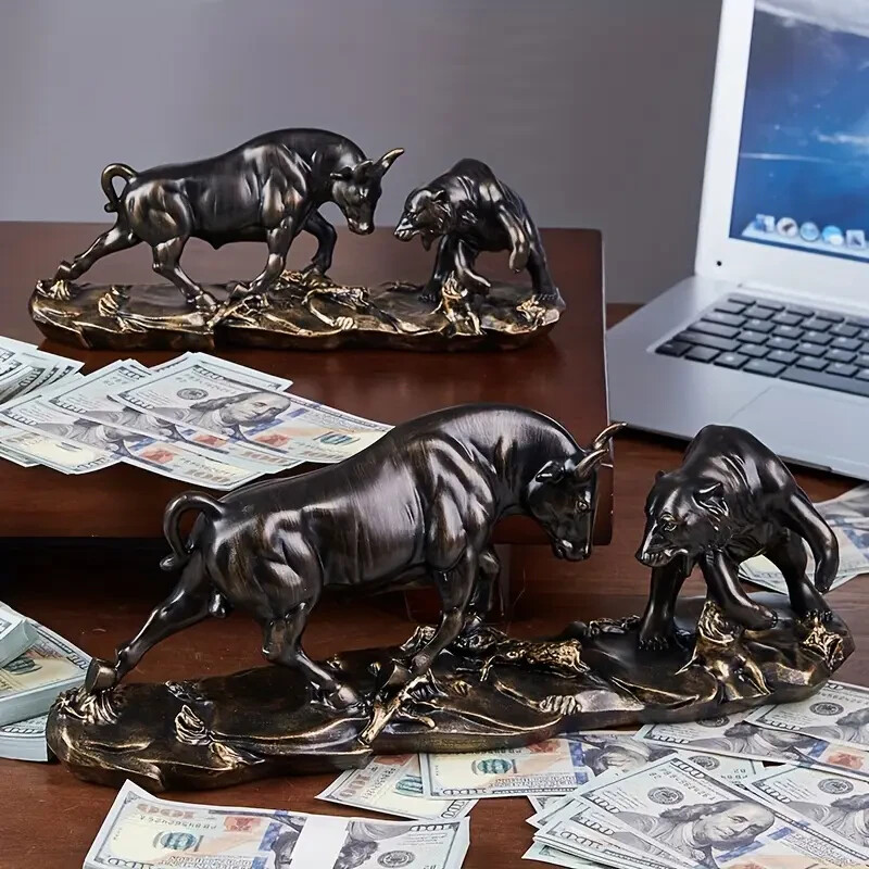 NEW Dark Bronze Style Bull & Bear Fight. Resin Figurine Sculpture 5hx11wx3d