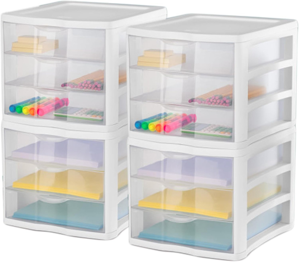 4-Pack 3 Drawer Unit, Stackable Plastic Organizer with Drawers, White Frame - Mu