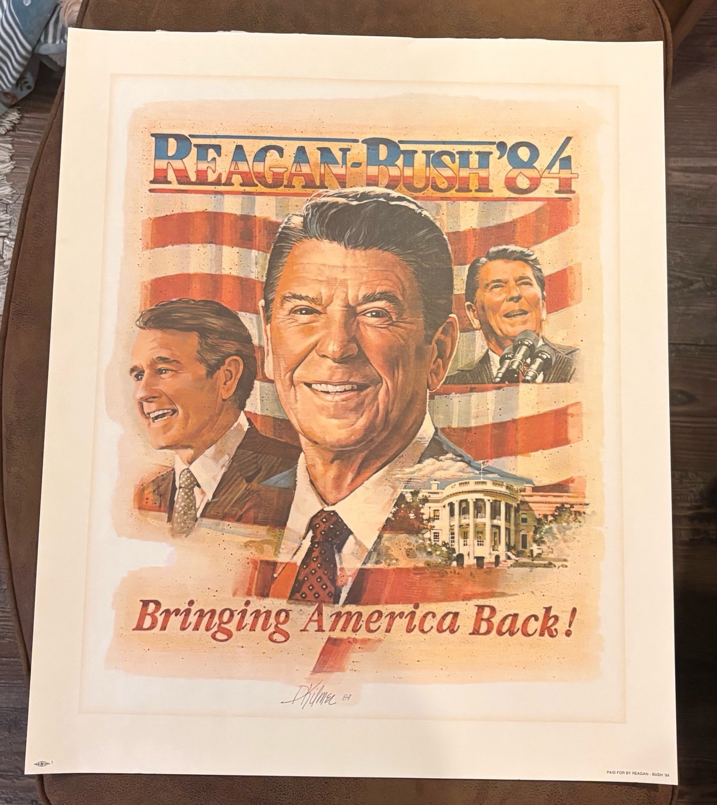 1984 Reagan Bush Bringing America Back Campaign Poster 20 x 24” Signed