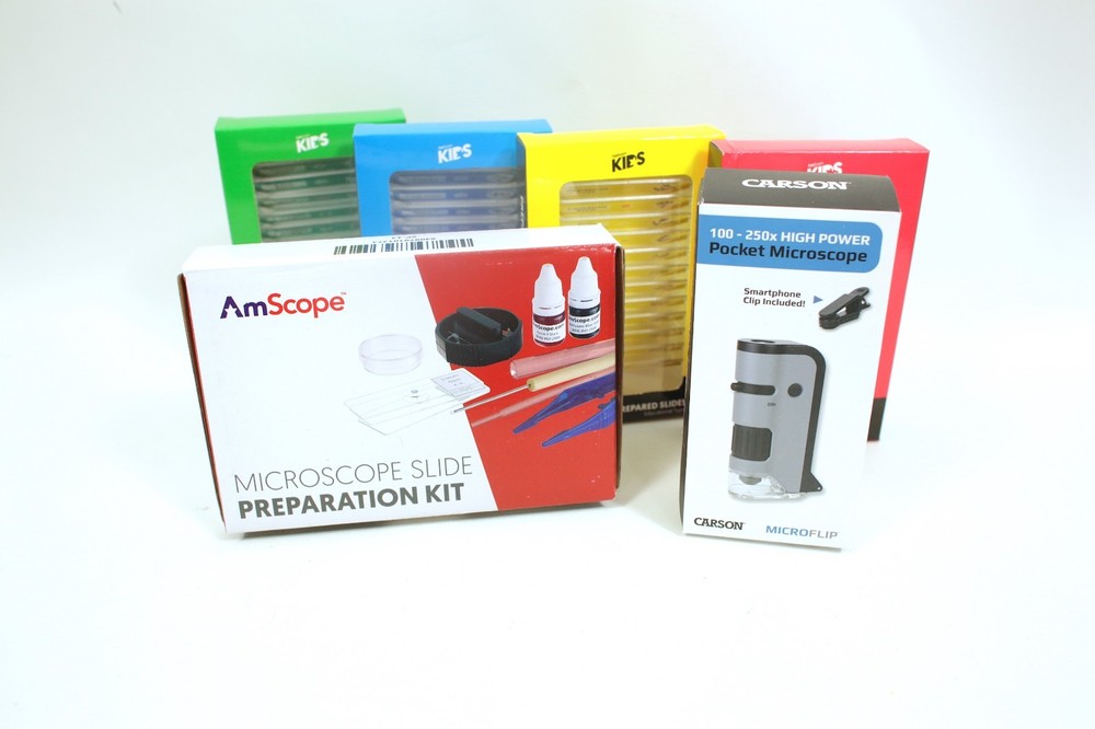 Carson MicroFlip Pocket Microscope 100-250x w/ 48-Pc Educational Prepared Slides
