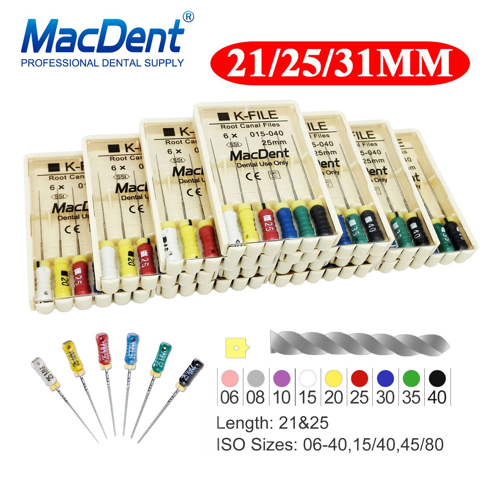 MacDent Limas de endodoncia manual dental K-Files acero inoxidable 21/25/31mm