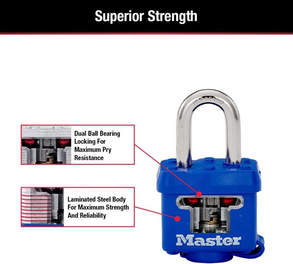 Master Lock 312TRI Laminated Padlock with Key & Thermoplastic Shell, Blue, Pack