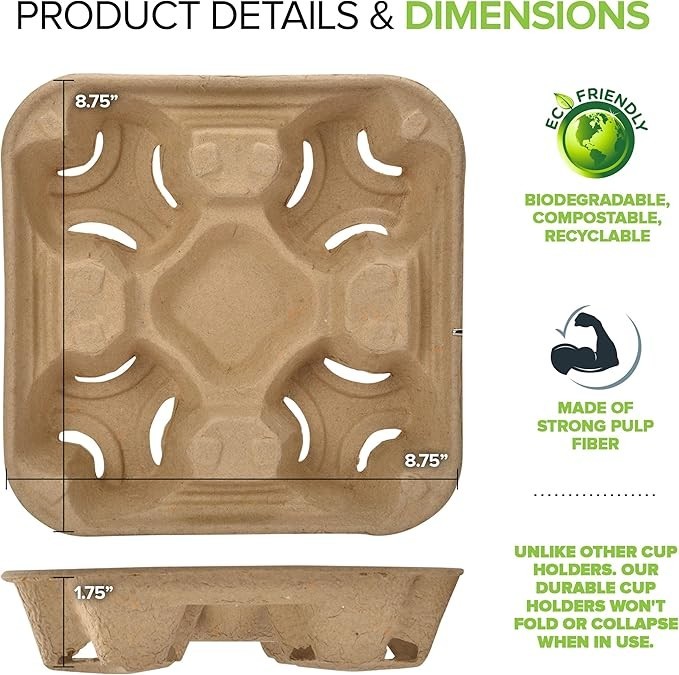 4 Cup Disposable Coffee Tray (300 Count) - Biodegradable and Compostable