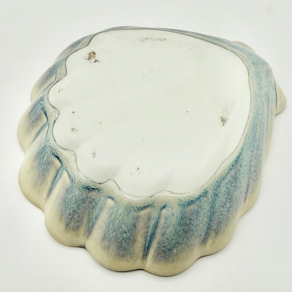 Studio Pottery Shell Dish – Signed SRP, Blue Green Drip Glaze, Handmade Ceramic