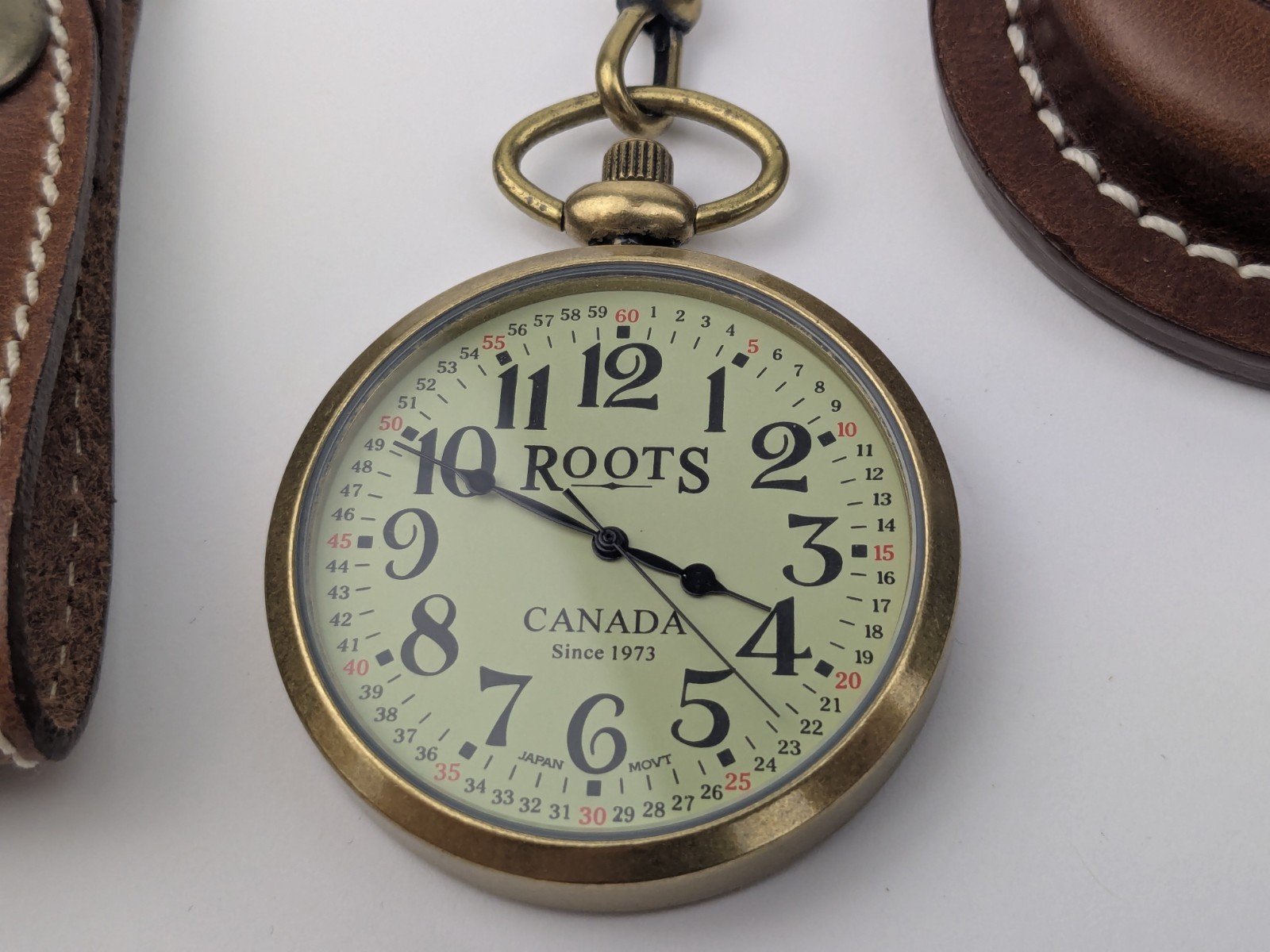 Vtg Roots Canada Pocket Watch R89 With Fob Chain 43mm Leather