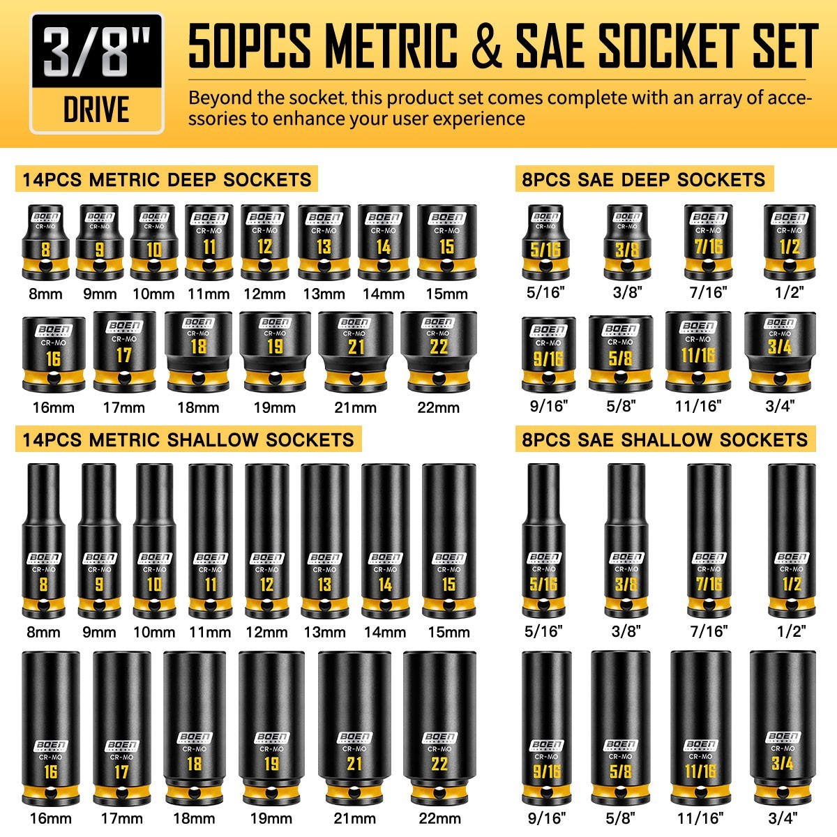 3/8'' inch Impact Socket Set, 50PCS SAE (5/16 to 3/4 inch) and Metric (8mm-22mm)