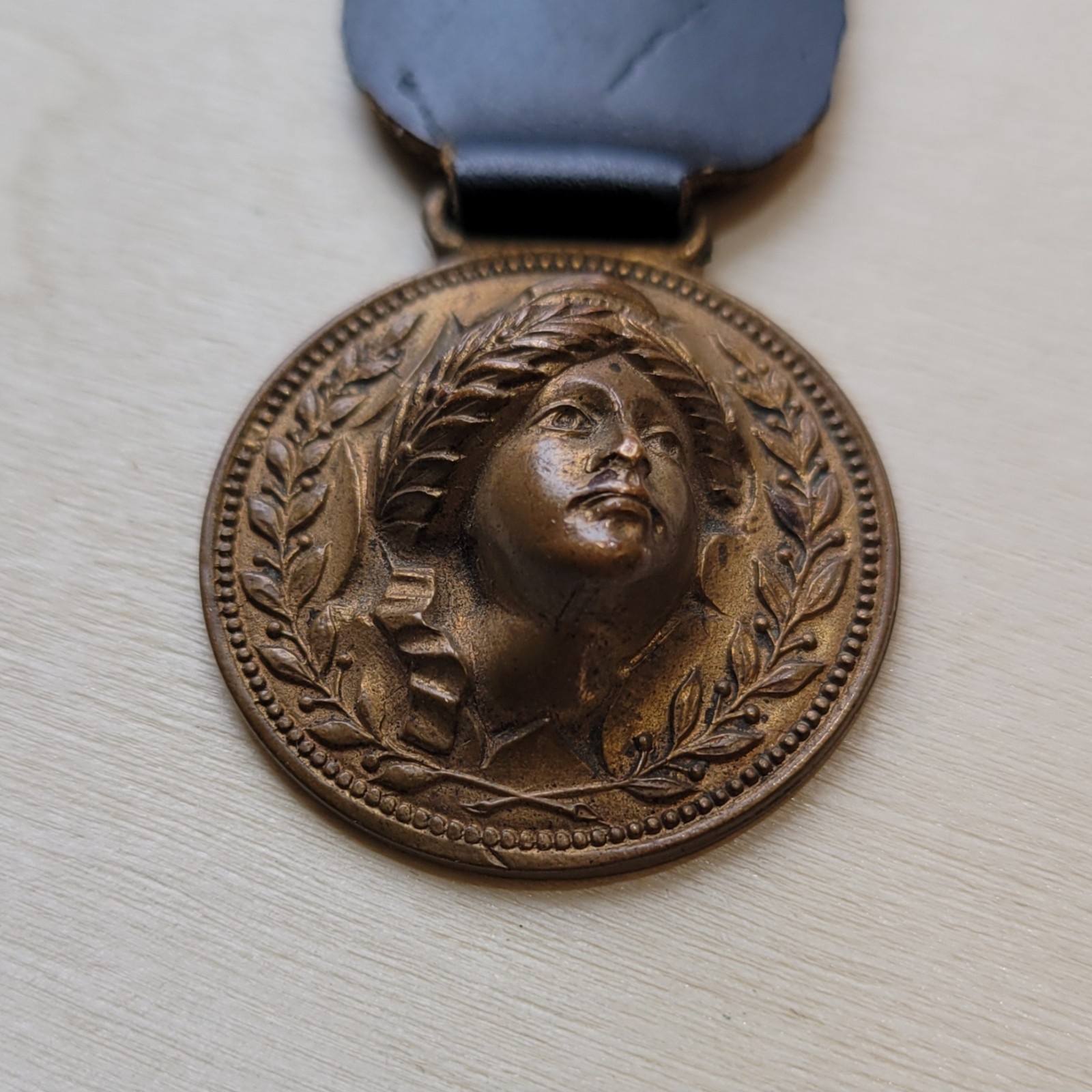 Antique Lady Liberty Woman Head Relief Pop Out Bronze Medal Fob Leather Strap