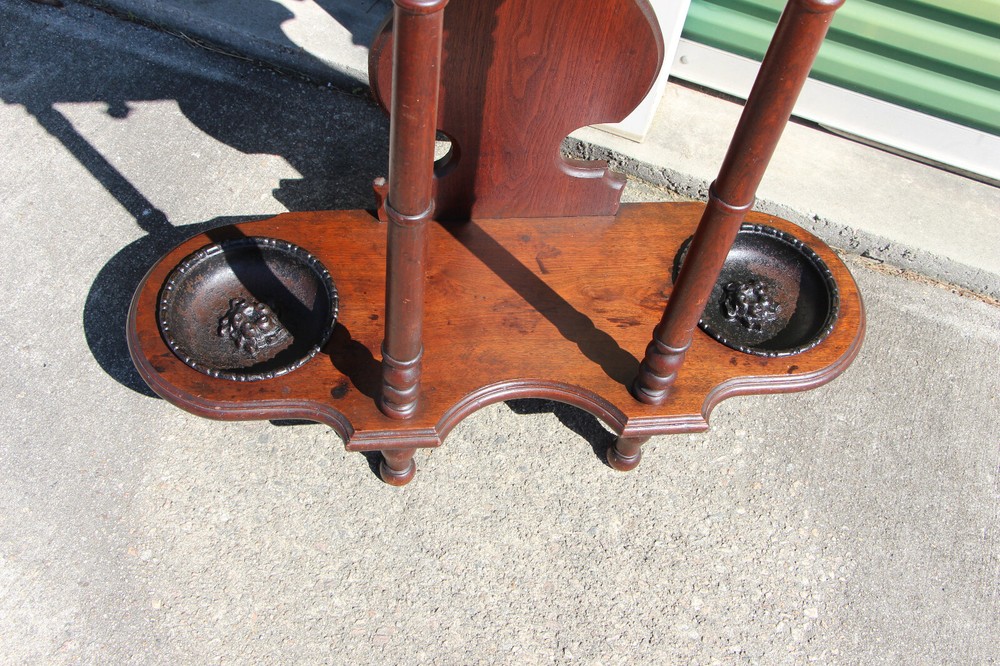 Walnut Victorian Renaissance Revival Hall Tree with Original Drip Pans