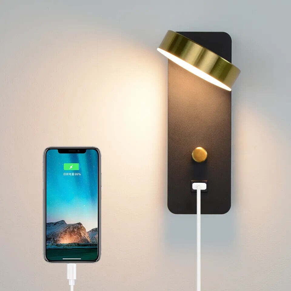 LED Wall Lamp Fixture Adjustable Reading Bedside Lights Switch USB Charging Port