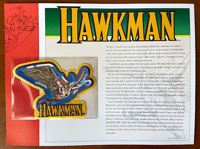 HAWKMAN PATCH on INFO CARD ~ from Willabee & Ward ~ DC COMICS PATCH COLLECTION