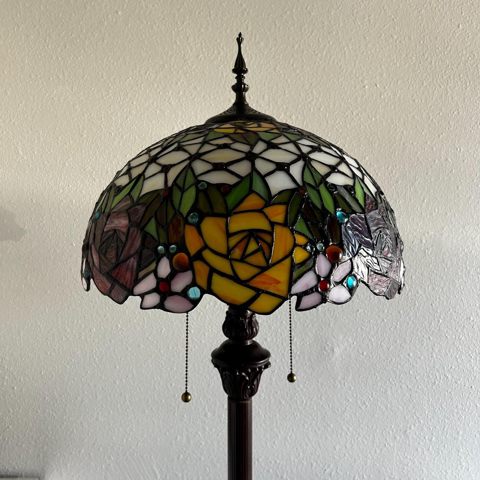Tiffany Style Floor Lamp Stained Glass Rose Flower Metal Base LED Bulbs 64"H16"W
