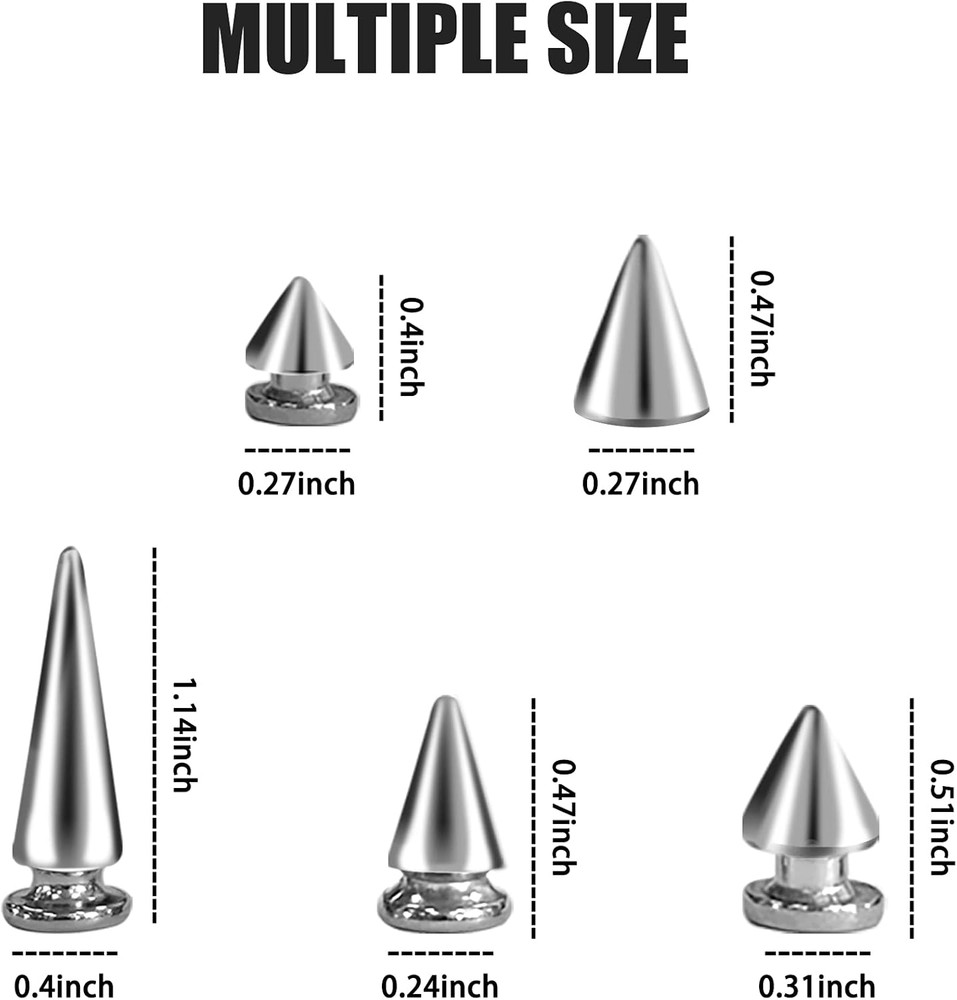 150 Sets ABS Plastic Punk Cone Spikes Studs Multiple Sizes Silver Screw Back Spi