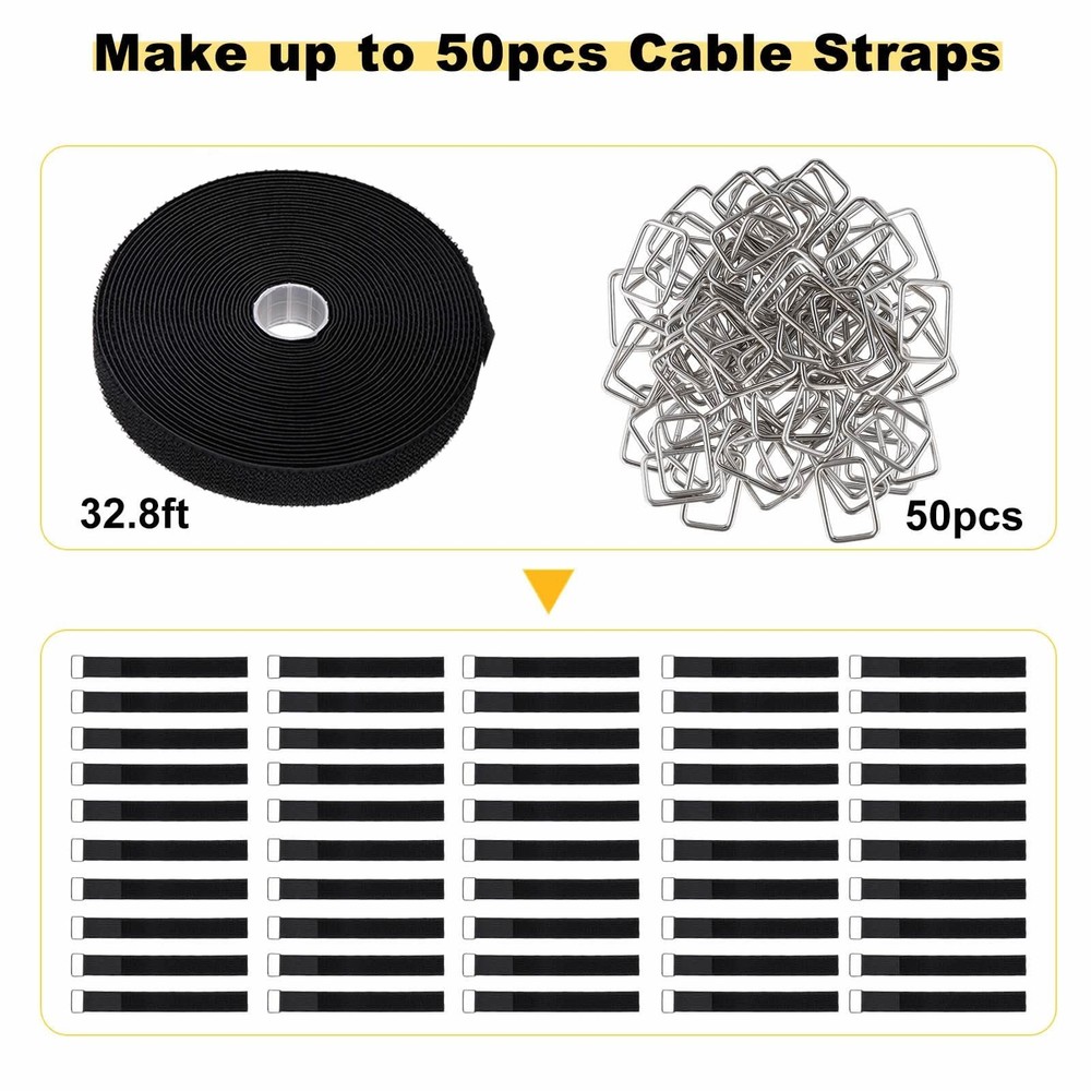50-Pack 1in x 32ft Adjustable Hook Loop Cable Straps with Metal Buckles