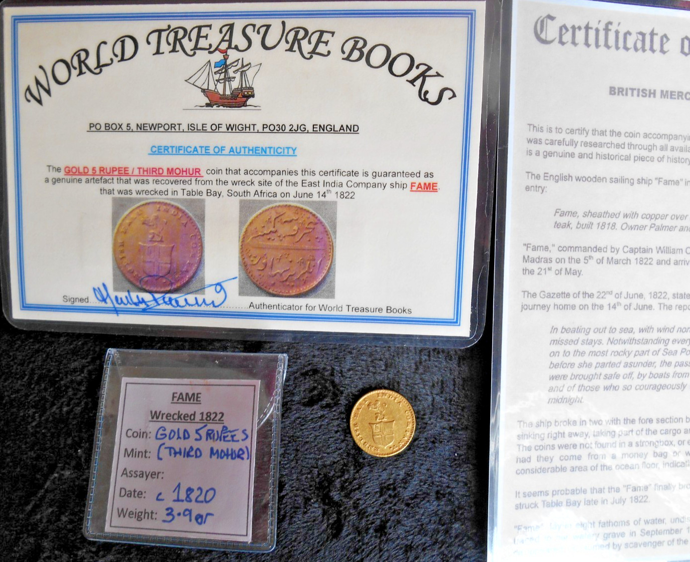 SHIPWRECK treasure GOLD 5 RUPEE coin MOHUR EAST INDIA CO ship FAME wreck 1819/20