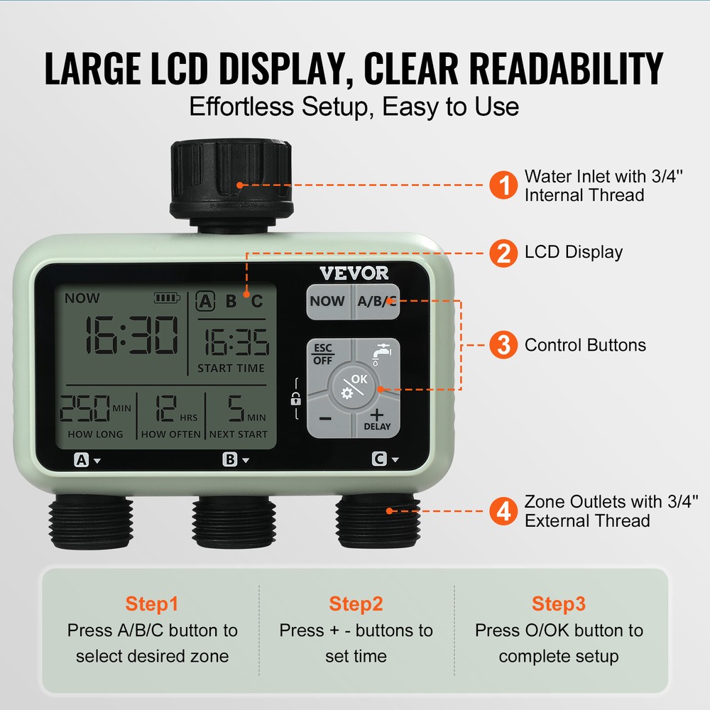 VEVOR Water Timer 3 Outlets Hose Watering Sprinkler Timer LCD Rain Delay Mode