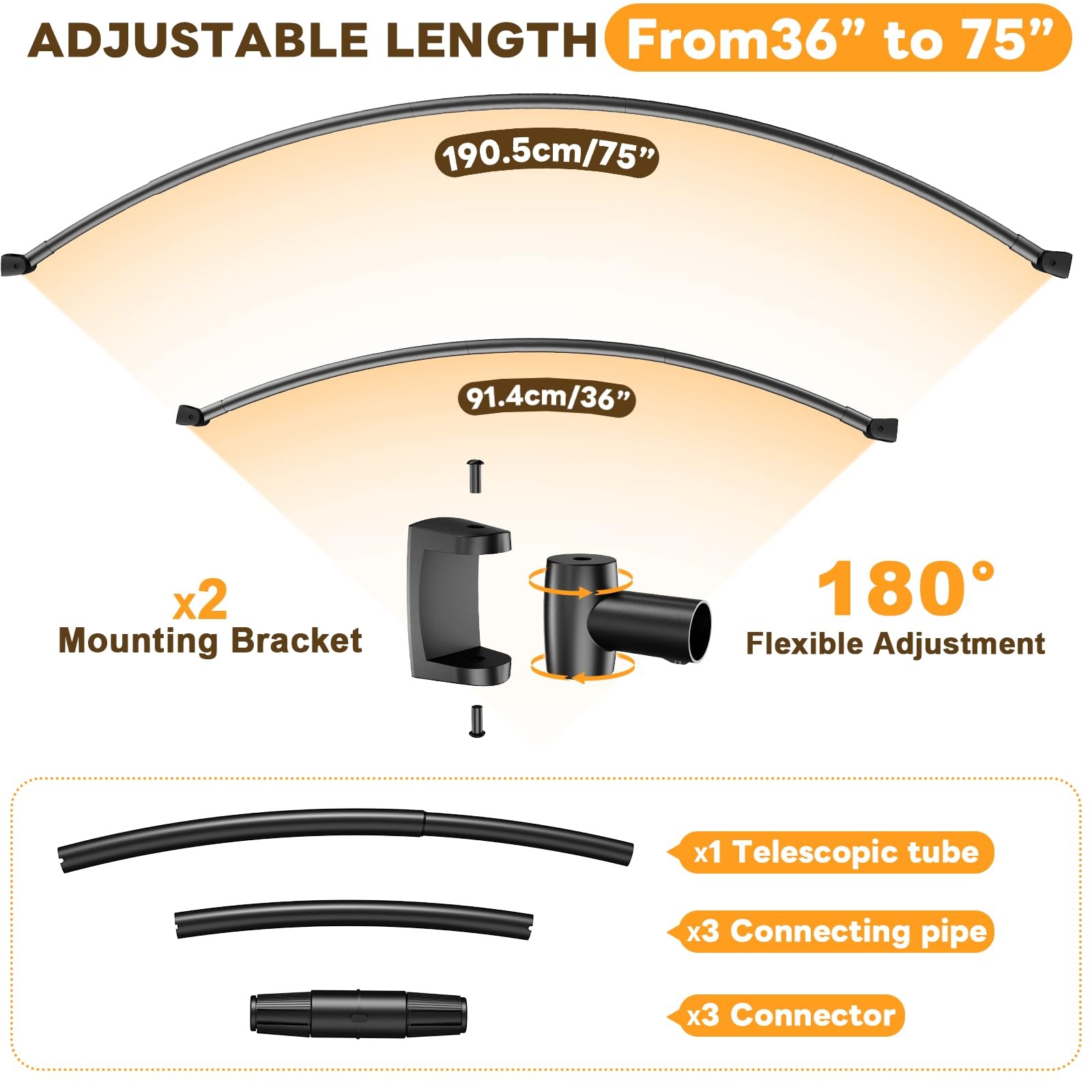 Abiglifty 36-75 Inches Curved Shower Curtain Rod, Adjustable Splicing Shower ...