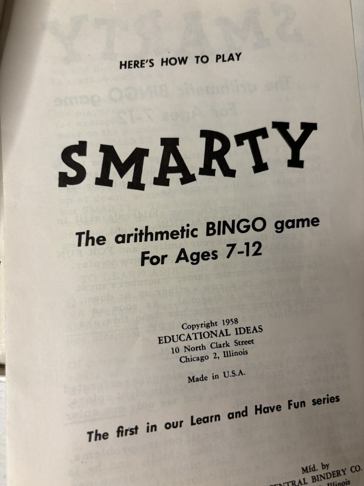 1958 MATHEMATICS EDUCATIONAL GAME -- SMARTY -- Arithmetic BINGO