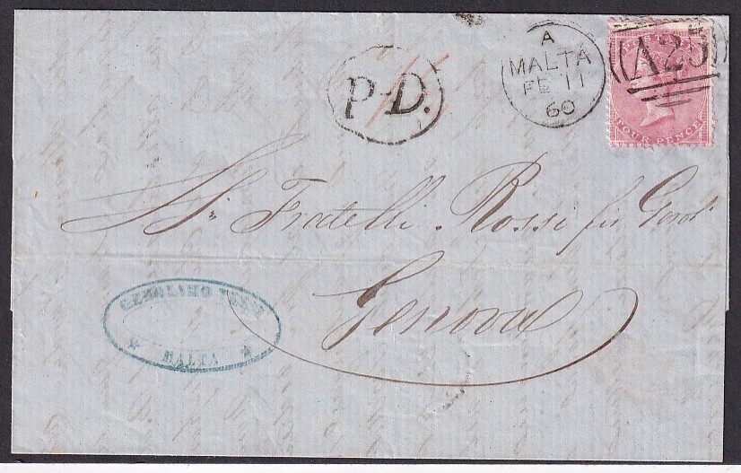 Malta 1860 4P franked folded letter to Geneve