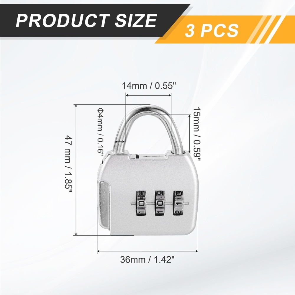 3Pcs Resettable 3 Digit Combination Lock Code Padlock, Silver (47 x 36mm)
