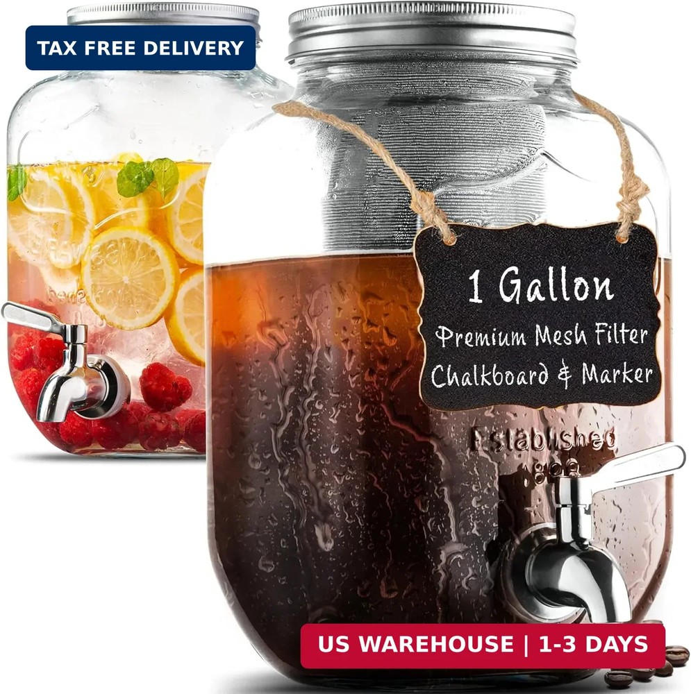 1 Gallon Cold Brew Coffee Maker - 3rd Generation Fine Mesh Filter - Stainless St